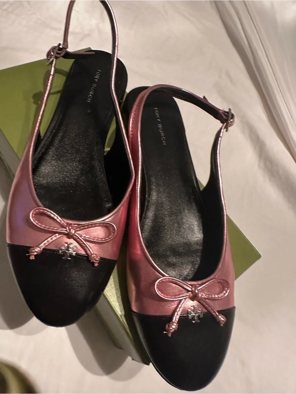 Tory Burch Pink Metallic and Black Slingback Flats